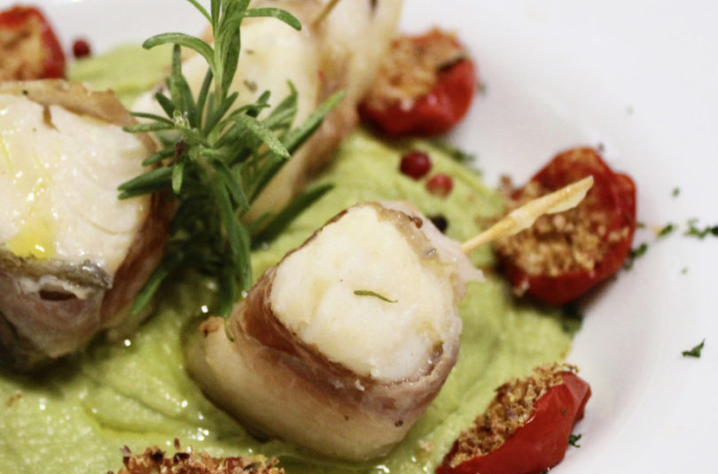 Bocconcini di baccalà con lardo, purè di broccoli ed extravergine