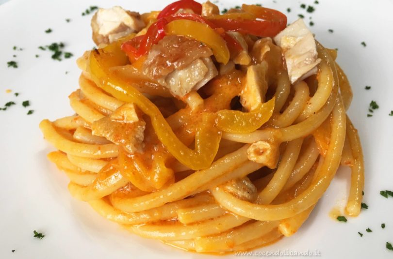 Bucatini con intingolo di pollo e peperoni