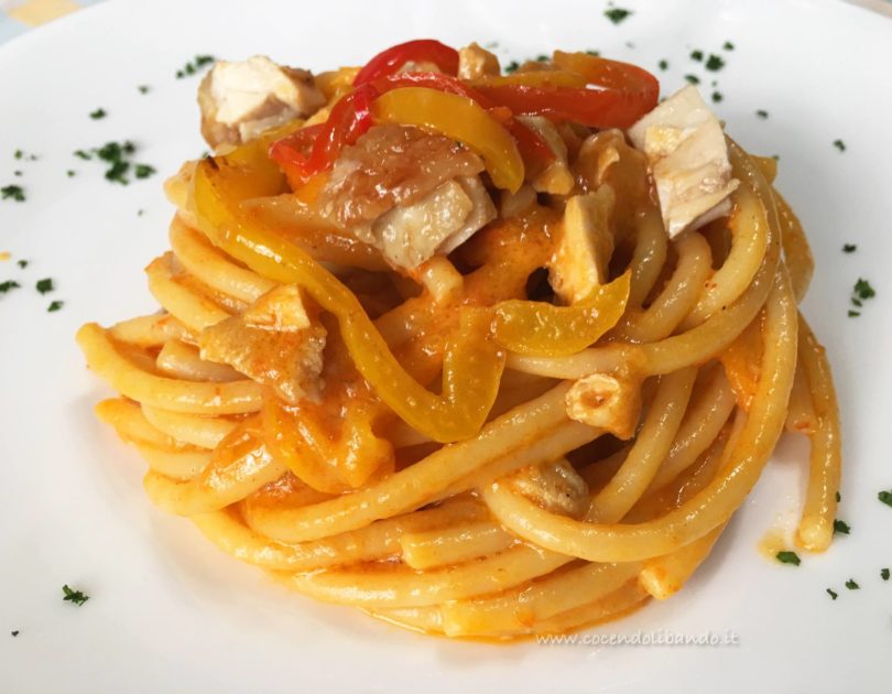 Bucatini con intingolo di pollo e peperoni