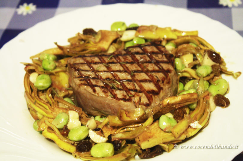 Filetto con carciofi, fave, mandorle e uva passa