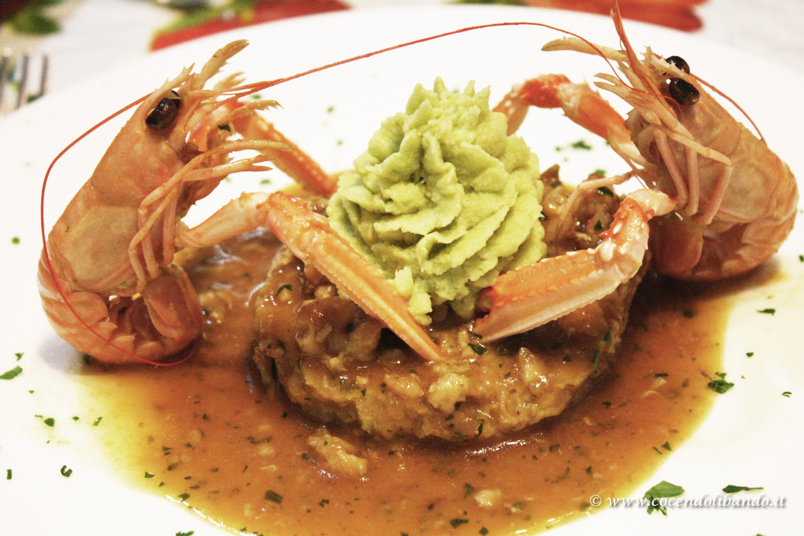Polenta con scampi e purè di broccoli allo zenzero